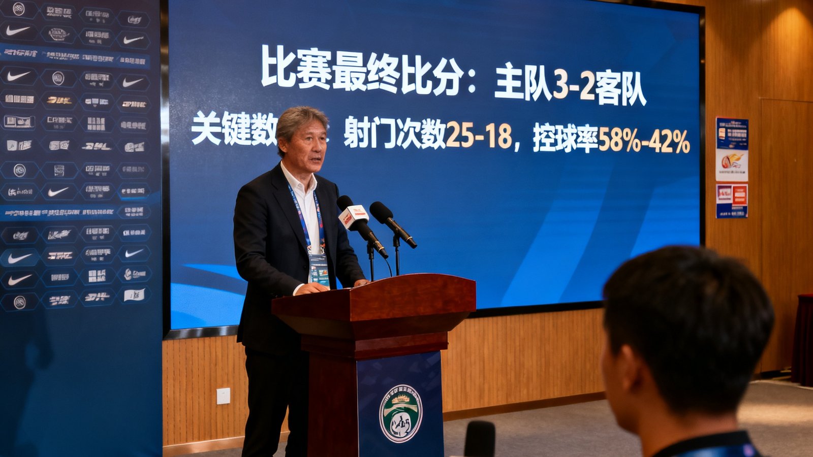 赛后新闻发布厅内主教练面对记者话筒发言，背景大屏幕显示比赛最终比分和关键数据